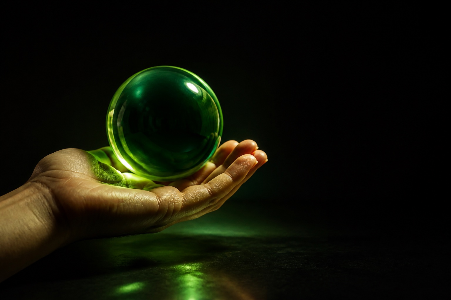 An open hand holding an illuminated green glass sphere, a visual for keeping control in your hands