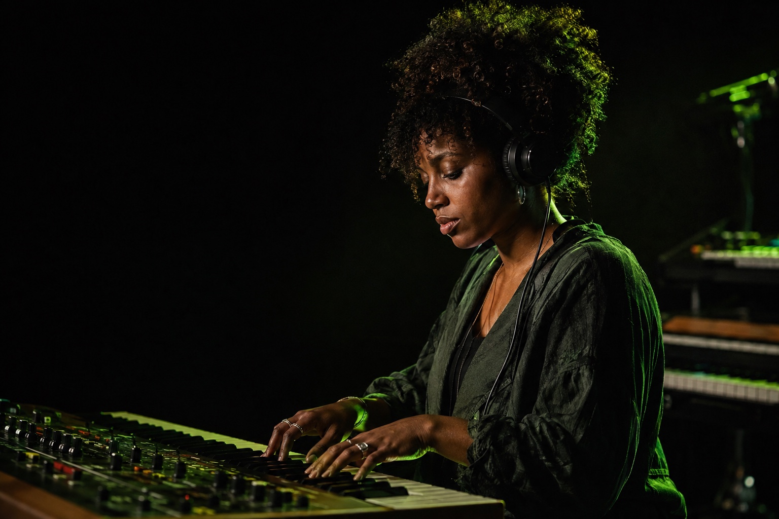 Editorial artwork of a music producer absorbed in her work at a synthesizer, edged in green light