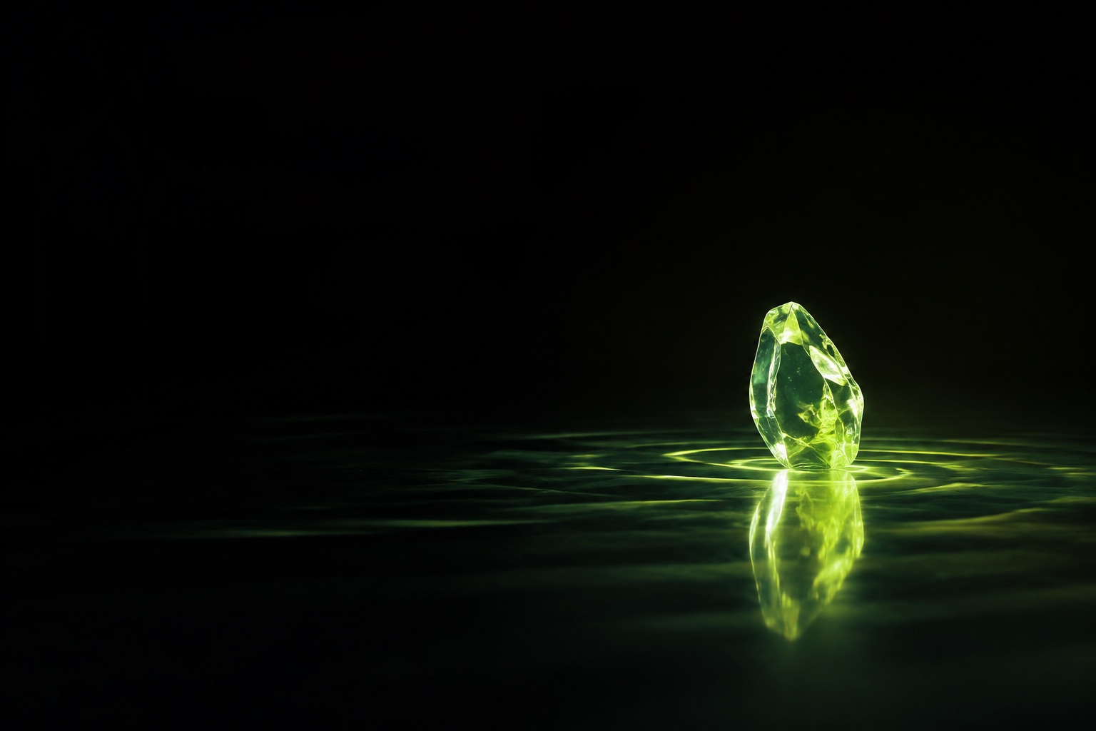 A small green crystal sending reflected light across a dark surface