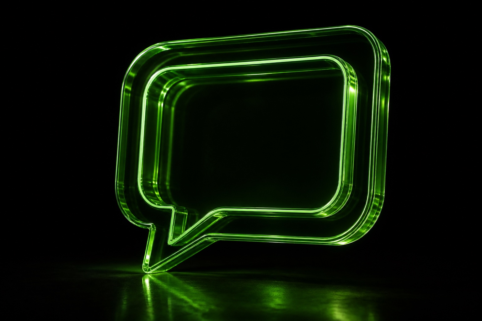 Sculptural green glass speech bubbles, one held inside another